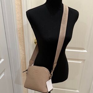 GUESS Taupe Embossed Logo Crossbody with Branded Strap